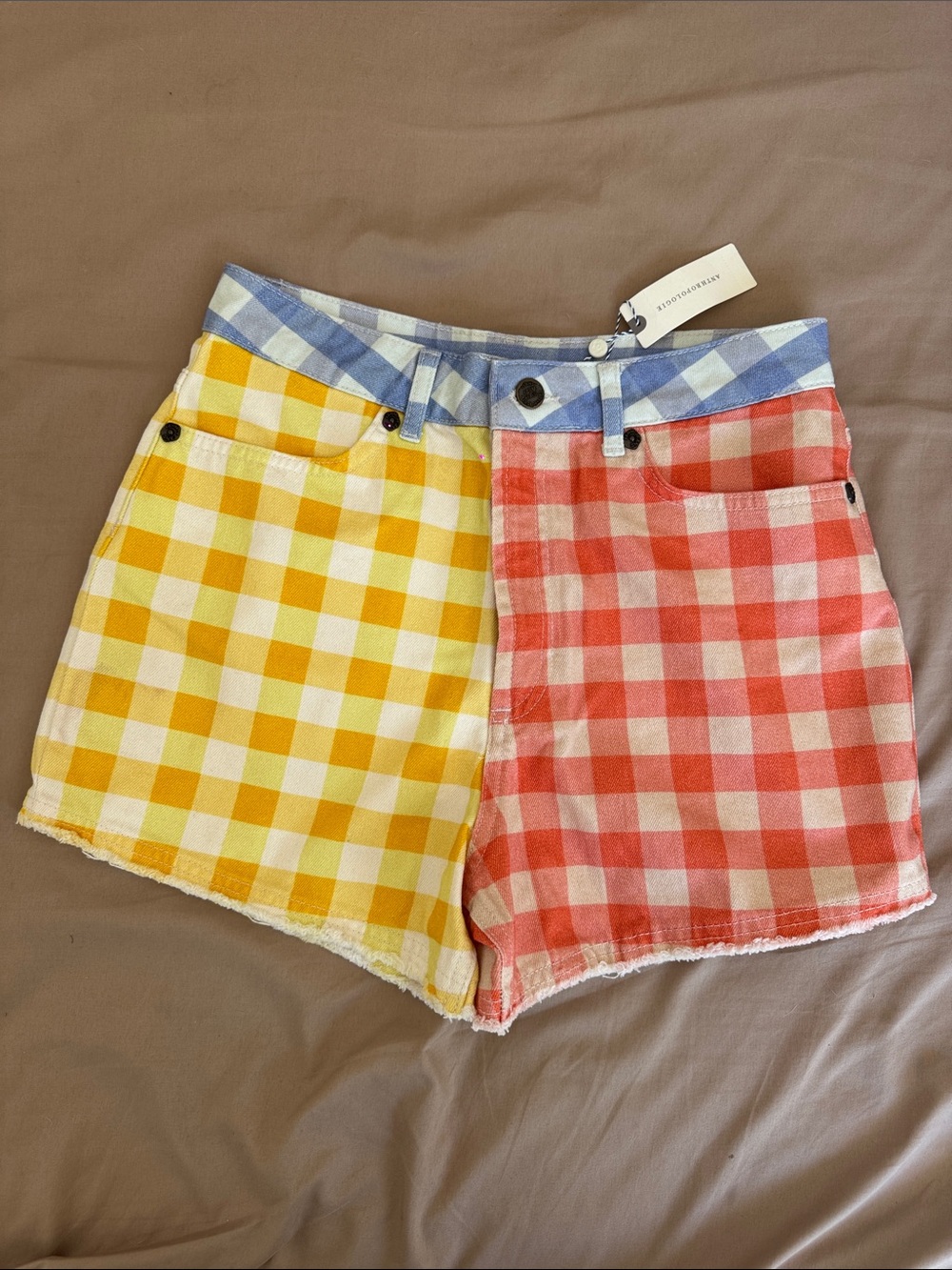 FARM Rio Colorblock Gingham High-Rise Shorts - Yellow, Coral & Blue